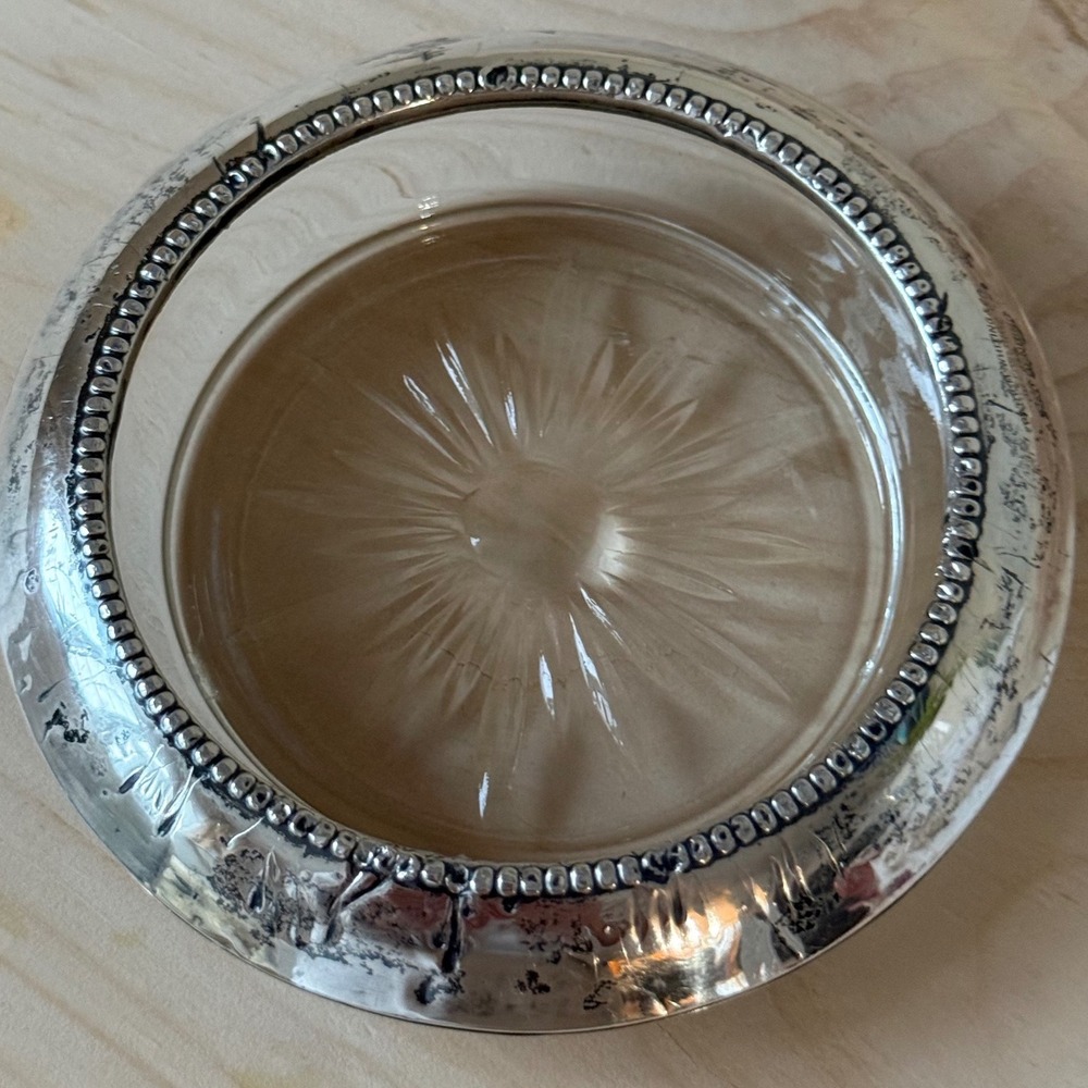 Vintage Frank M. Whiting Sterling Silver & Glass Coaster Beaded Rim